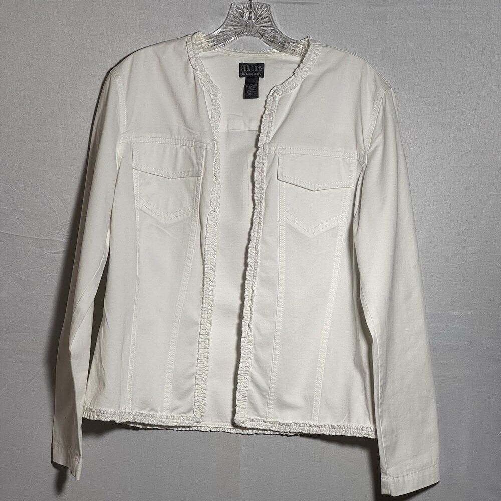 Chico’s Additions White Stretch Jacket Ruffle Trim Open Front Size 1 Cotton